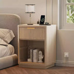Fluted Nightstand Set of 2  Farmhouse Bedside Tables with Charging Station & 1-Drawer Storage (Mid-Century Modern)