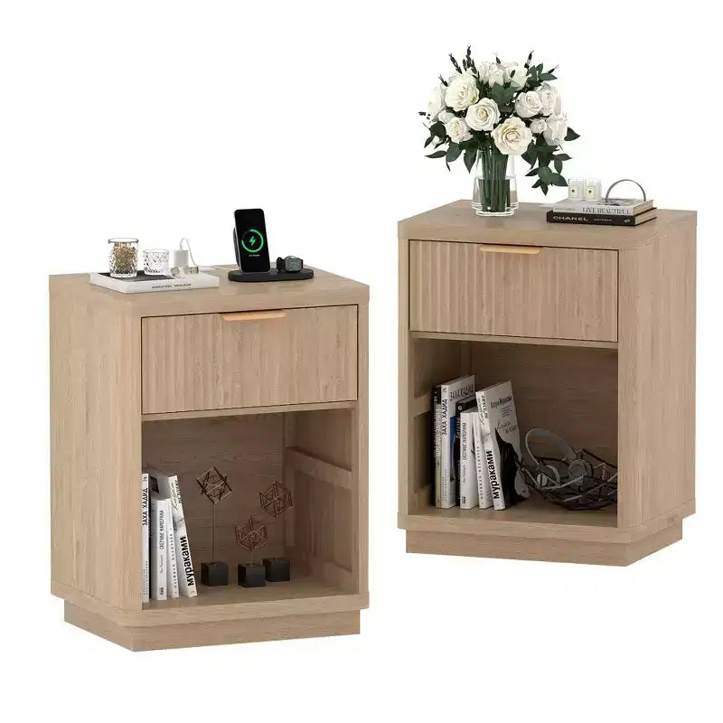 Fluted Nightstand Set of 2  Farmhouse Bedside Tables with Charging Station & 1-Drawer Storage (Mid-Century Modern)
