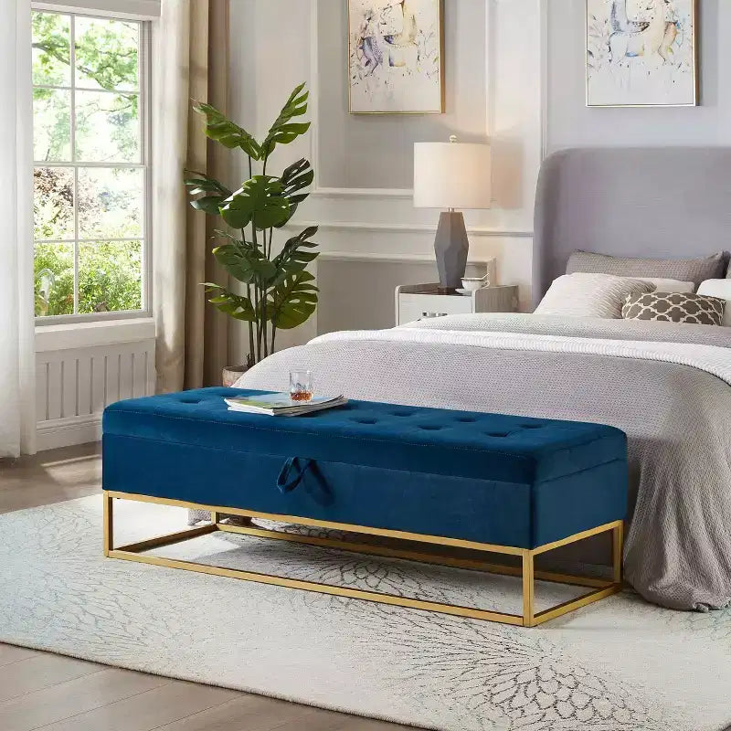 MAYEERTY 58.6 Storage Bed Bench, Uphollstered Bench with Metal Base for Bedroom Living Room Hallway Blue