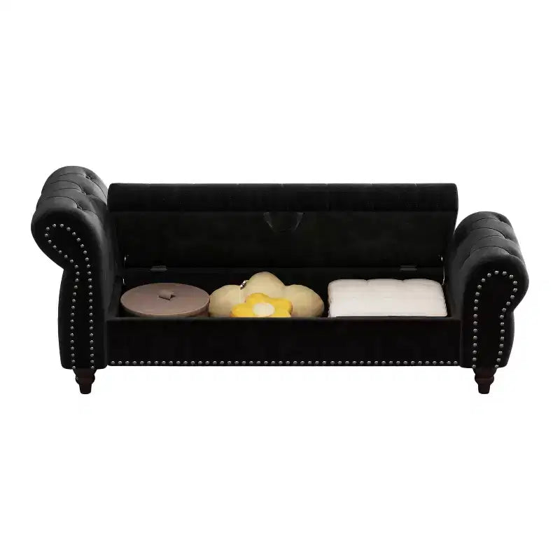 MAYEERTY 64.5 Bed Bench for Bed Room Nails Tufted Chaise of Lounge with Storage Velvet Upholstery Black