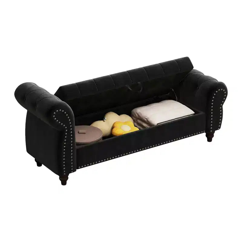 MAYEERTY 64.5 Bed Bench for Bed Room Nails Tufted Chaise of Lounge with Storage Velvet Upholstery Black