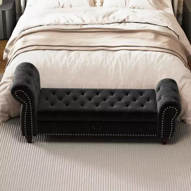 MAYEERTY 64.5 Bed Bench for Bed Room Nails Tufted Chaise of Lounge with Storage Velvet Upholstery Black