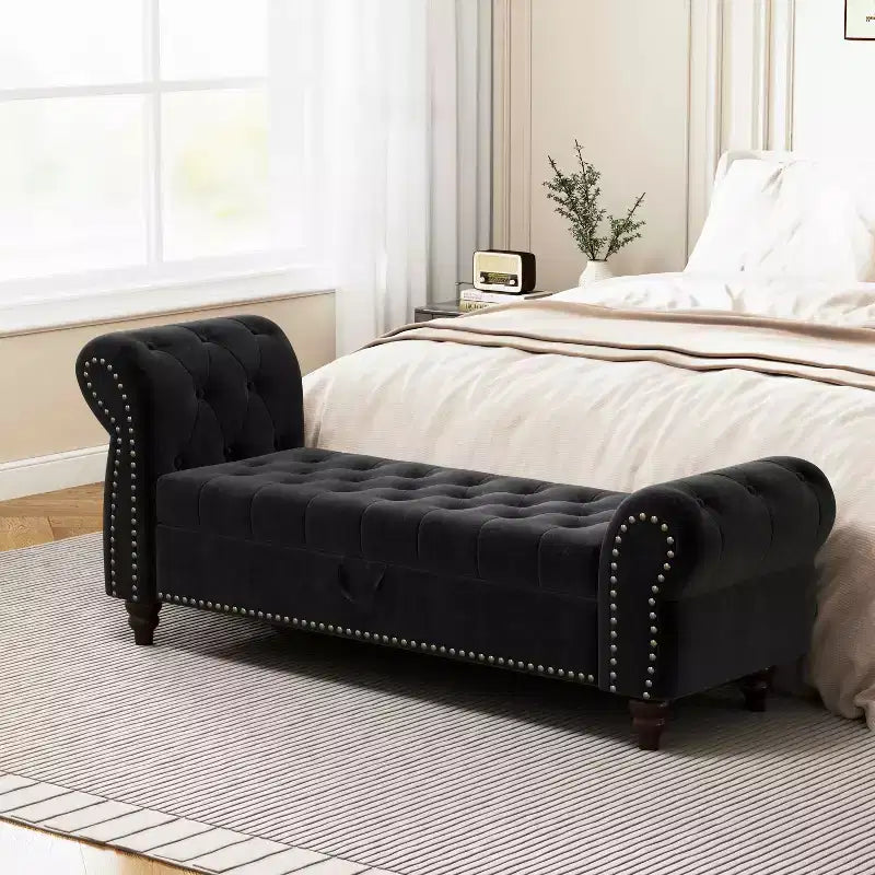 MAYEERTY 64.5 Bed Bench for Bed Room Nails Tufted Chaise of Lounge with Storage Velvet Upholstery Black