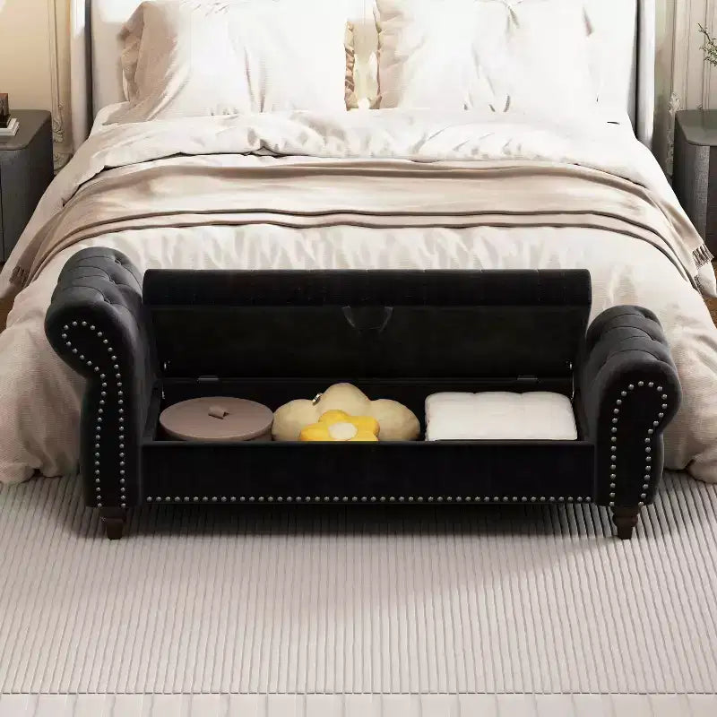 MAYEERTY 64.5 Bed Bench for Bed Room Nails Tufted Chaise of Lounge with Storage Velvet Upholstery Black