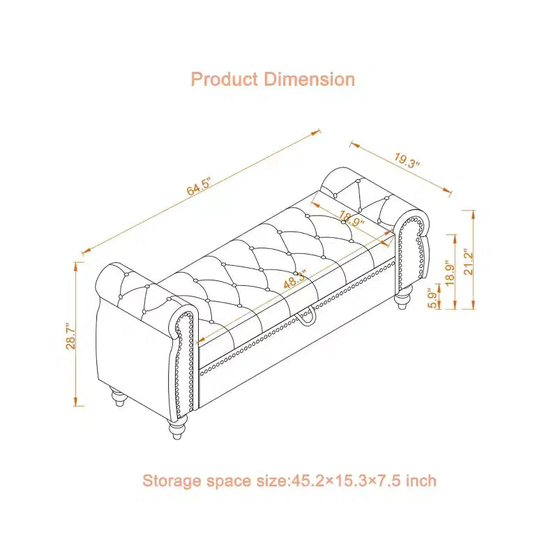 MAYEERTY 64.5 Bed Bench for Bed Room Nails Tufted Chaise of Lounge with Storage Velvet Upholstery Black