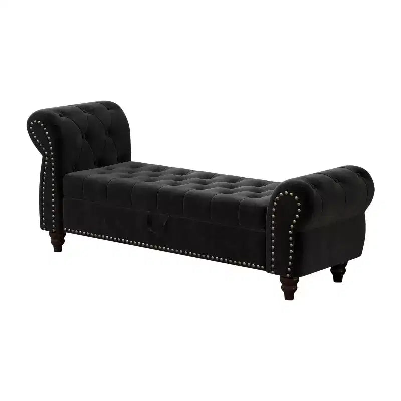 MAYEERTY 64.5 Bed Bench for Bed Room Nails Tufted Chaise of Lounge with Storage Velvet Upholstery Black