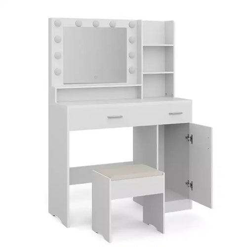 ALAULM Vanity desk w/3-Color LED Light, Mirror, Different Size Drawers&Stool, Modern style Makeup Vanity Set, for bedroom, White