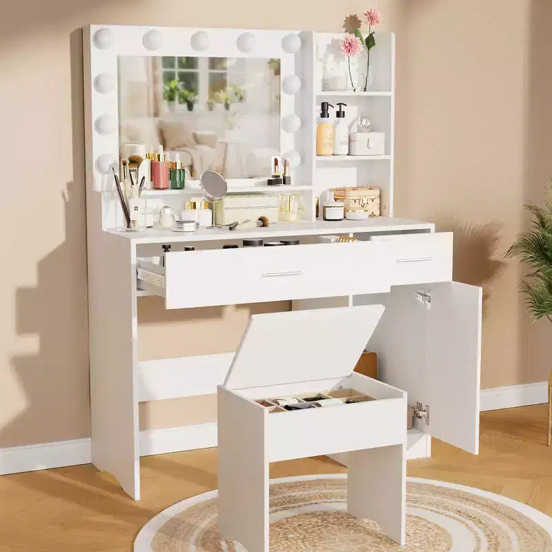 ALAULM Vanity desk w/3-Color LED Light, Mirror, Different Size Drawers&Stool, Modern style Makeup Vanity Set, for bedroom, White