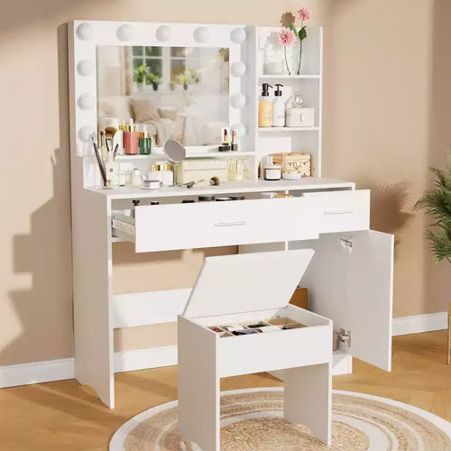ALAULM Vanity desk w/3-Color LED Light, Mirror, Different Size Drawers&Stool, Modern style Makeup Vanity Set, for bedroom, White