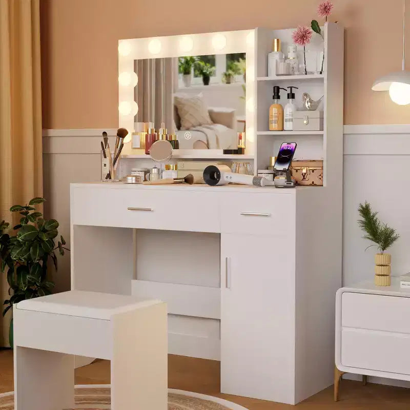 ALAULM Vanity desk w/3-Color LED Light, Mirror, Different Size Drawers&Stool, Modern style Makeup Vanity Set, for bedroom, White