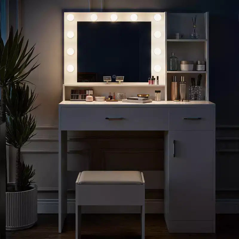 ALAULM Vanity desk w/3-Color LED Light, Mirror, Different Size Drawers&Stool, Modern style Makeup Vanity Set, for bedroom, White