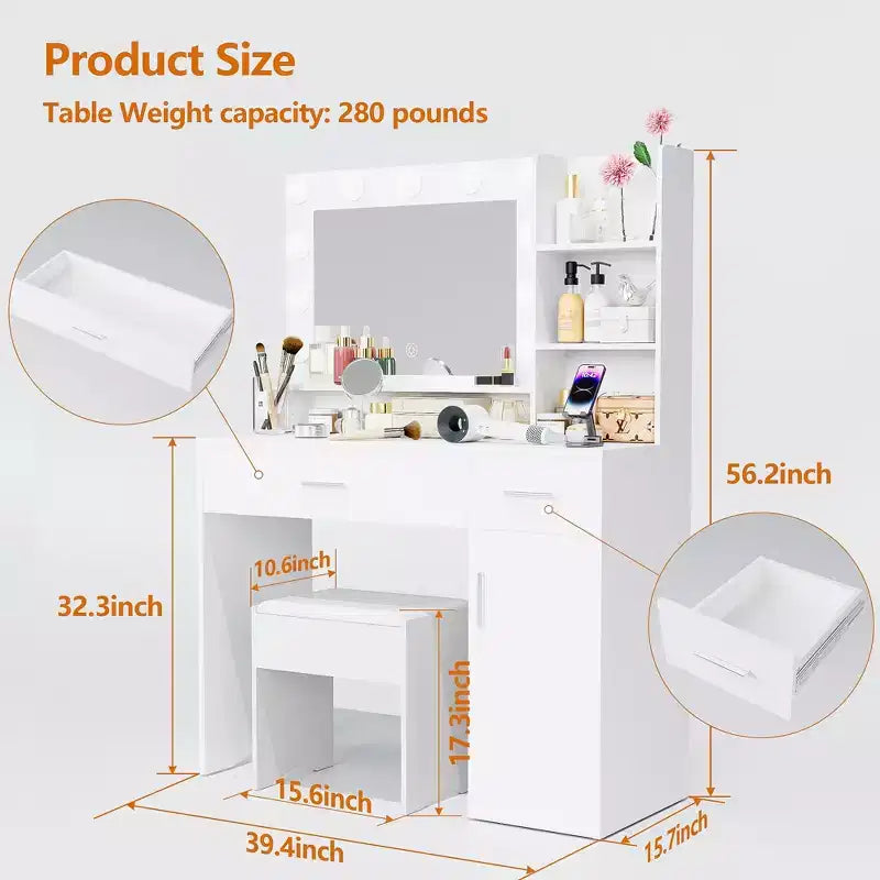 ALAULM Vanity desk w/3-Color LED Light, Mirror, Different Size Drawers&Stool, Modern style Makeup Vanity Set, for bedroom, White