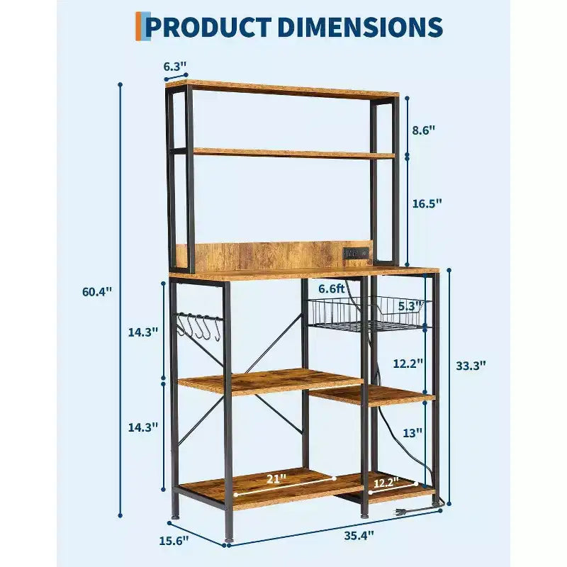 Scaffale da Panettiere da Cucina 140 * 168cm, Porta Forno a Microonde con Ripiani a 4 Livelli, Tavolo da Bar per Caffè con 6 Ganci a S, Scaffale per Riporci Pentole