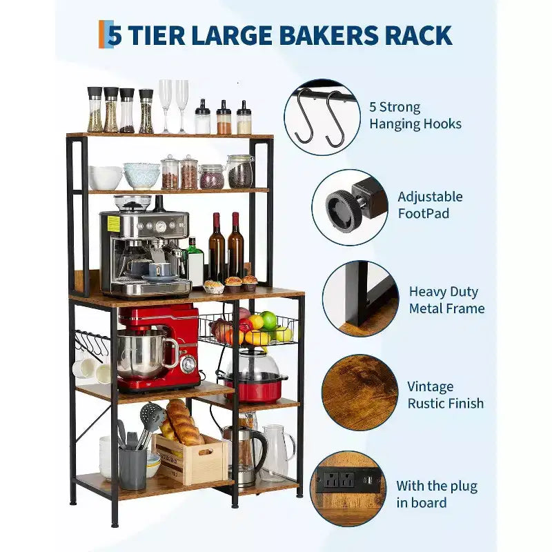 Scaffale da Panettiere da Cucina 140 * 168cm, Porta Forno a Microonde con Ripiani a 4 Livelli, Tavolo da Bar per Caffè con 6 Ganci a S, Scaffale per Riporci Pentole