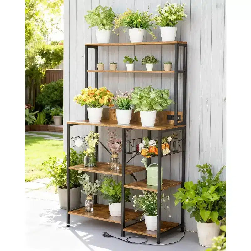 Scaffale da Panettiere da Cucina 140 * 168cm, Porta Forno a Microonde con Ripiani a 4 Livelli, Tavolo da Bar per Caffè con 6 Ganci a S, Scaffale per Riporci Pentole