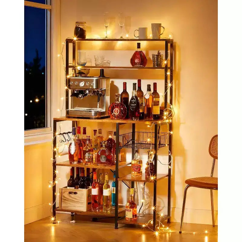 Scaffale da Panettiere da Cucina 140 * 168cm, Porta Forno a Microonde con Ripiani a 4 Livelli, Tavolo da Bar per Caffè con 6 Ganci a S, Scaffale per Riporci Pentole