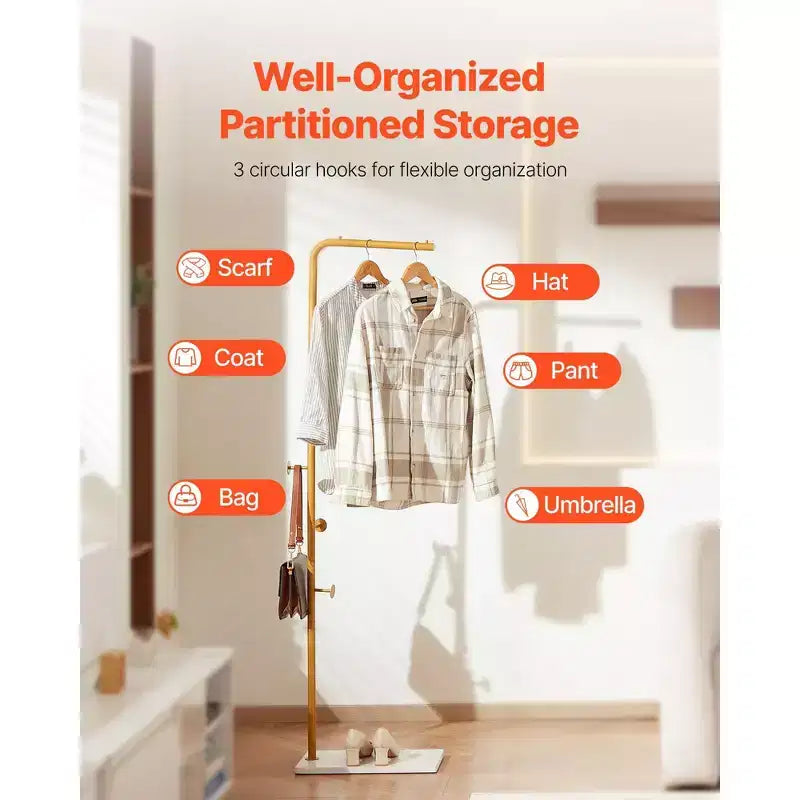 Coat Rack Freestanding with Quartz Stone Base and 3 Round Hooks