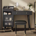 Okak Modern Vanity Desk with Padding Stool, Dressing Table with Drawers, Cabinet & Charging Port, Makeup Table for Small Space, Black