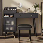 Okak Modern Vanity Desk with Padding Stool, Dressing Table with Drawers, Cabinet & Charging Port, Makeup Table for Small Space, Black