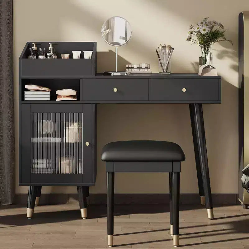Okak Modern Vanity Desk with Padding Stool, Dressing Table with Drawers, Cabinet & Charging Port, Makeup Table for Small Space, Black