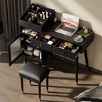 Okak Moderna Toeletta con Sgabello Imbottito, Tavolo da Trucco con Cassetti, Mobiletto e Porta di Ricarica, Tavolo Trucco per Piccoli Spazi, Nero