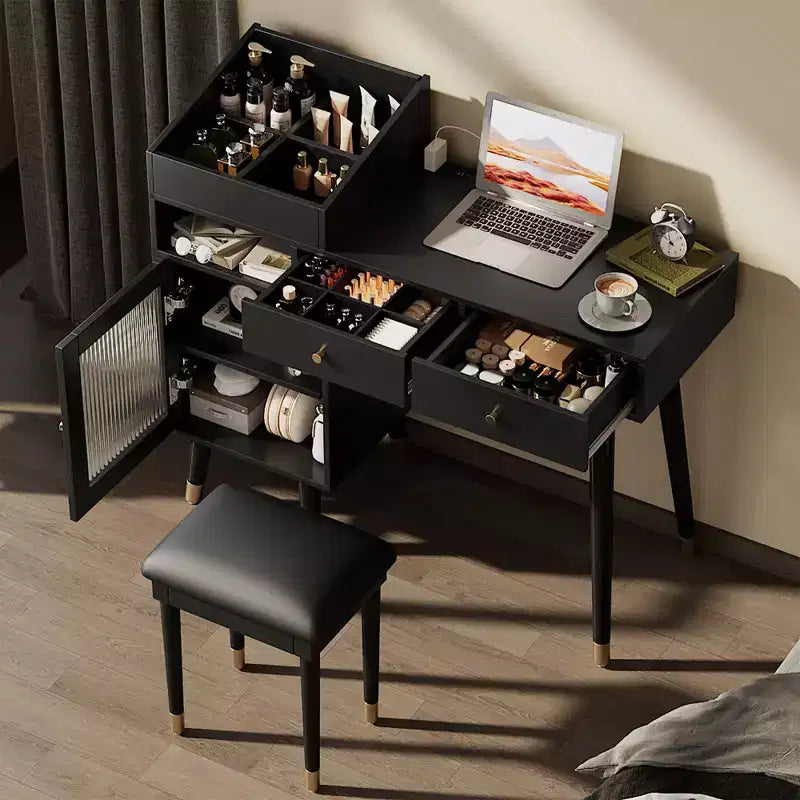 Okak Moderna Toeletta con Sgabello Imbottito, Tavolo da Trucco con Cassetti, Mobiletto e Porta di Ricarica, Tavolo Trucco per Piccoli Spazi, Nero