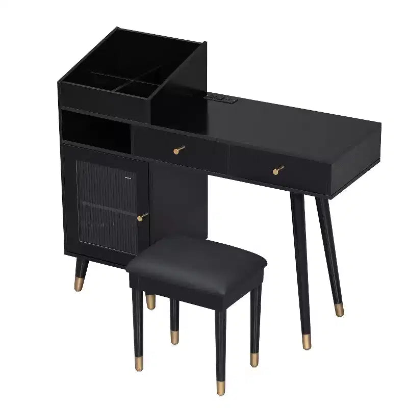 Okak Moderna Toeletta con Sgabello Imbottito, Tavolo da Trucco con Cassetti, Mobiletto e Porta di Ricarica, Tavolo Trucco per Piccoli Spazi, Nero