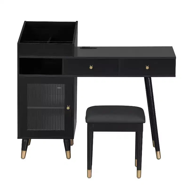 Okak Moderna Toeletta con Sgabello Imbottito, Tavolo da Trucco con Cassetti, Mobiletto e Porta di Ricarica, Tavolo Trucco per Piccoli Spazi, Nero