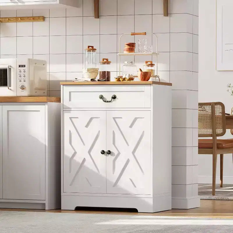 Farmhouse Cabinet - Kitchen Storage Buffet Sideboard with 2 Doors, Drawer & Adjustable Shelf, White Cabinet for Kitchen, Living Room