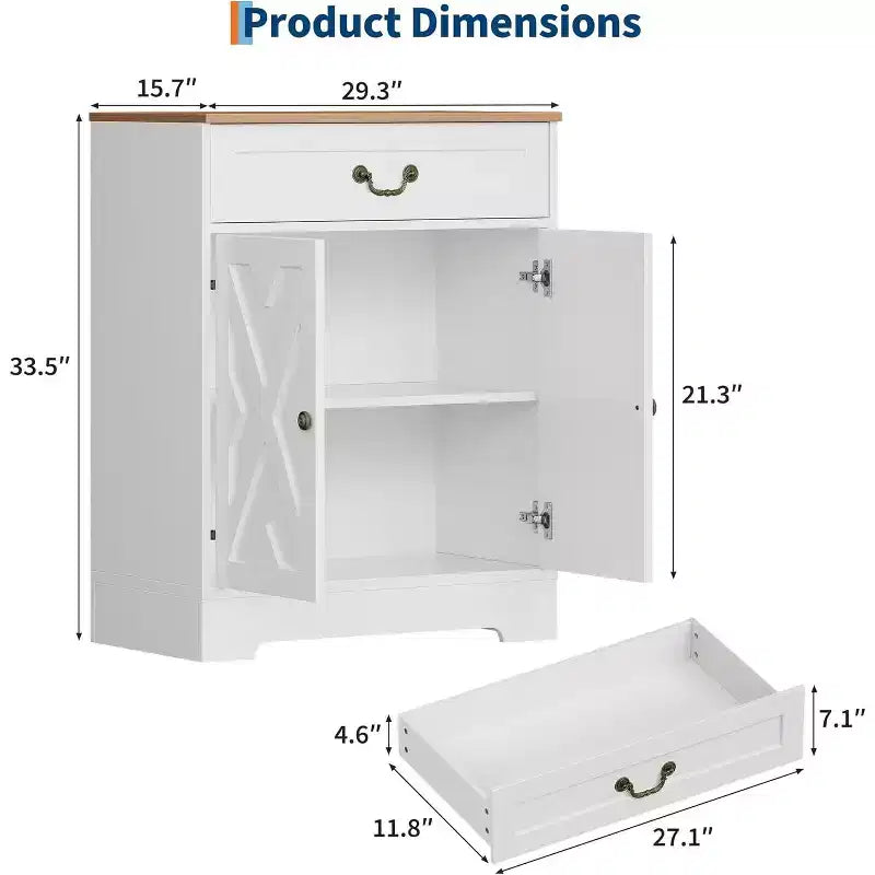 Farmhouse Cabinet - Kitchen Storage Buffet Sideboard with 2 Doors, Drawer & Adjustable Shelf, White Cabinet for Kitchen, Living Room
