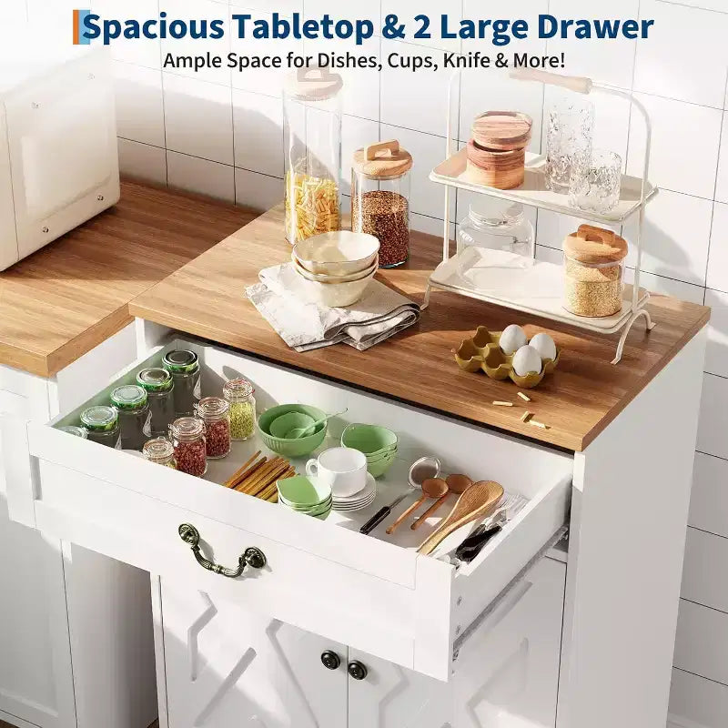 Farmhouse Cabinet - Kitchen Storage Buffet Sideboard with 2 Doors, Drawer & Adjustable Shelf, White Cabinet for Kitchen, Living Room