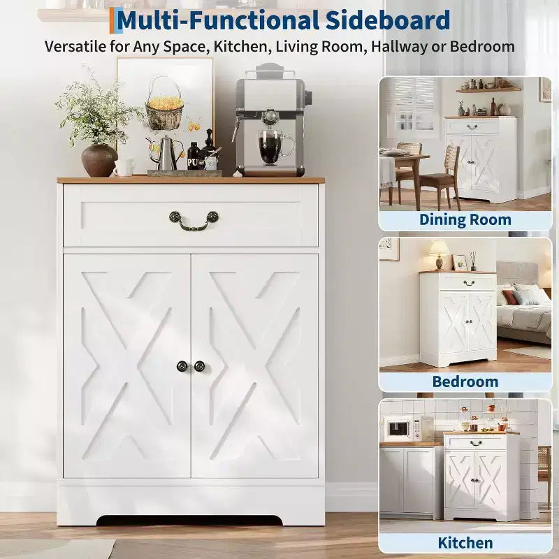 Farmhouse Cabinet - Kitchen Storage Buffet Sideboard with 2 Doors, Drawer & Adjustable Shelf, White Cabinet for Kitchen, Living Room