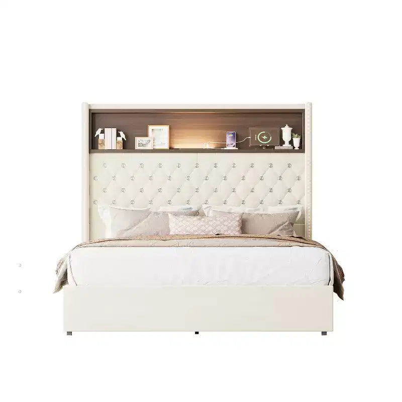 Full/Queen Size Velvet Tufted Platform Bed Frame with USB Port and Night Light, Wing-back Platform Bed with Rivet Decoration Headboard and Shelf
