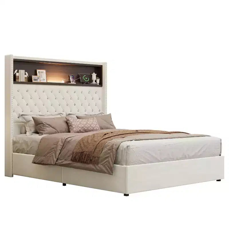 Full/Queen Size Velvet Tufted Platform Bed Frame with USB Port and Night Light, Wing-back Platform Bed with Rivet Decoration Headboard and Shelf