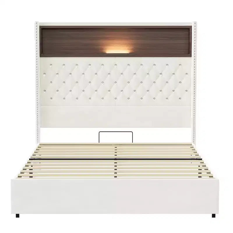 Full/Queen Size Velvet Tufted Platform Bed Frame with USB Port and Night Light, Wing-back Platform Bed with Rivet Decoration Headboard and Shelf
