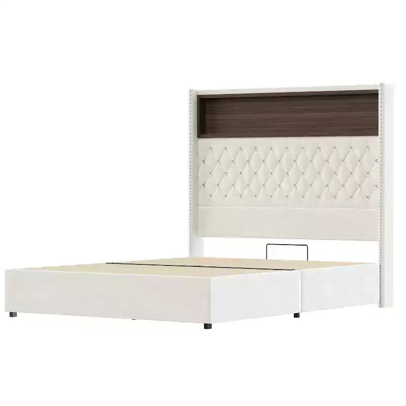 Full/Queen Size Velvet Tufted Platform Bed Frame with USB Port and Night Light, Wing-back Platform Bed with Rivet Decoration Headboard and Shelf
