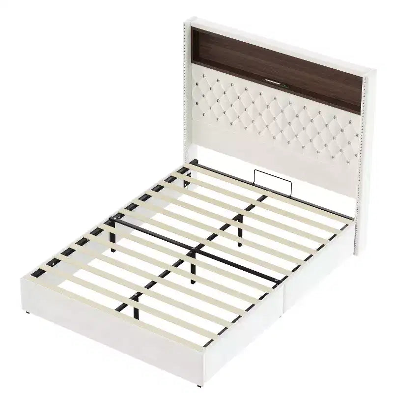 Full/Queen Size Velvet Tufted Platform Bed Frame with USB Port and Night Light, Wing-back Platform Bed with Rivet Decoration Headboard and Shelf