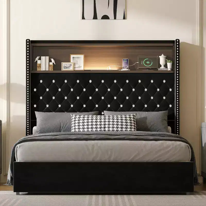 Full/Queen Size Velvet Tufted Platform Bed Frame with USB Port and Night Light, Wing-back Platform Bed with Rivet Decoration Headboard and Shelf