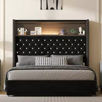 Full/Queen Size Velvet Tufted Platform Bed Frame with USB Port and Night Light, Wing-back Platform Bed with Rivet Decoration Headboard and Shelf