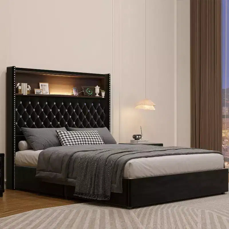 Full/Queen Size Velvet Tufted Platform Bed Frame with USB Port and Night Light, Wing-back Platform Bed with Rivet Decoration Headboard and Shelf