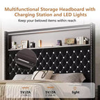 Full/Queen Size Velvet Tufted Platform Bed Frame with USB Port and Night Light, Wing-back Platform Bed with Rivet Decoration Headboard and Shelf