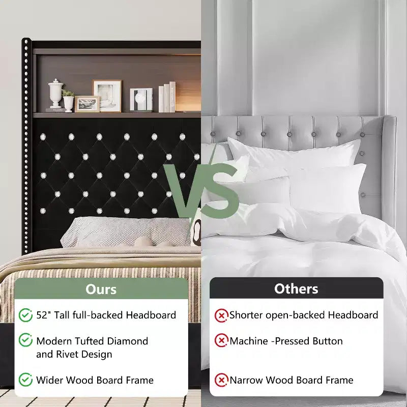 Full/Queen Size Velvet Tufted Platform Bed Frame with USB Port and Night Light, Wing-back Platform Bed with Rivet Decoration Headboard and Shelf