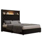 Full/Queen Size Velvet Tufted Platform Bed Frame with USB Port and Night Light, Wing-back Platform Bed with Rivet Decoration Headboard and Shelf