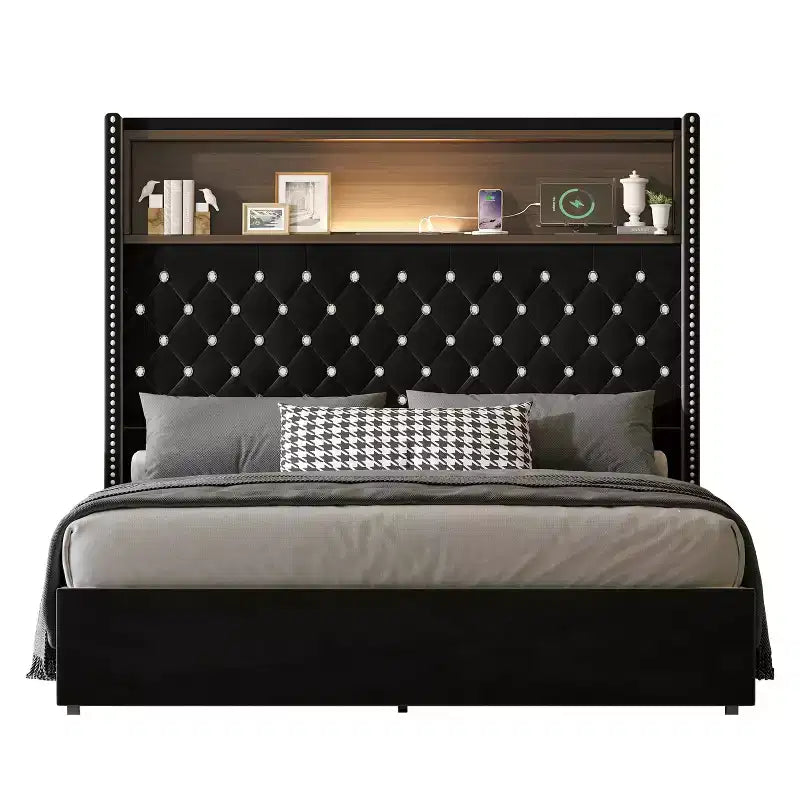 Full/Queen Size Velvet Tufted Platform Bed Frame with USB Port and Night Light, Wing-back Platform Bed with Rivet Decoration Headboard and Shelf