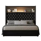 Full/Queen Size Velvet Tufted Platform Bed Frame with USB Port and Night Light, Wing-back Platform Bed with Rivet Decoration Headboard and Shelf
