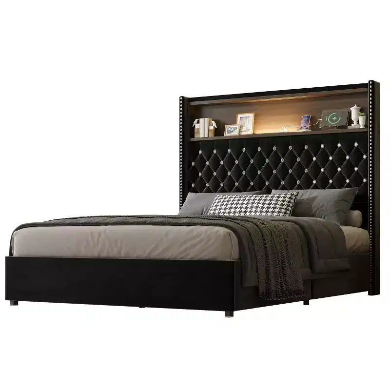 Full/Queen Size Velvet Tufted Platform Bed Frame with USB Port and Night Light, Wing-back Platform Bed with Rivet Decoration Headboard and Shelf