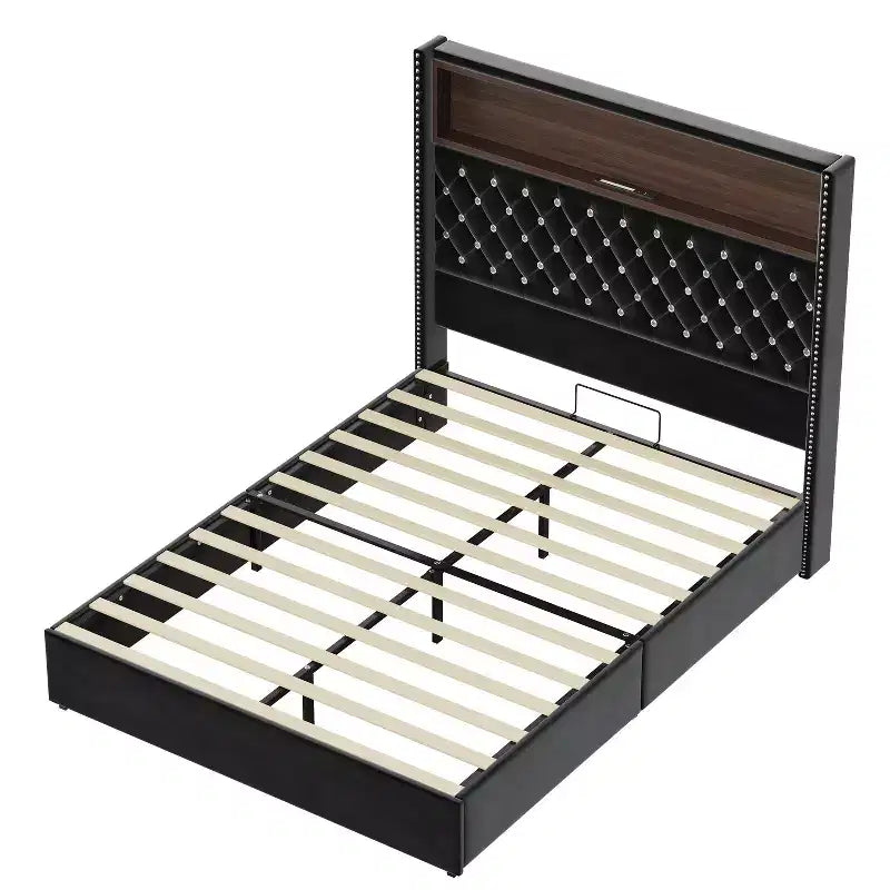 Full/Queen Size Velvet Tufted Platform Bed Frame with USB Port and Night Light, Wing-back Platform Bed with Rivet Decoration Headboard and Shelf