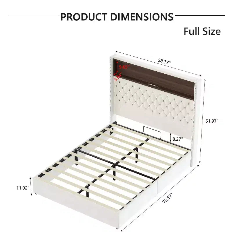 Full/Queen Size Velvet Tufted Platform Bed Frame with USB Port and Night Light, Wing-back Platform Bed with Rivet Decoration Headboard and Shelf