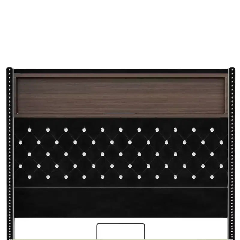 Full/Queen Size Velvet Tufted Platform Bed Frame with USB Port and Night Light, Wing-back Platform Bed with Rivet Decoration Headboard and Shelf