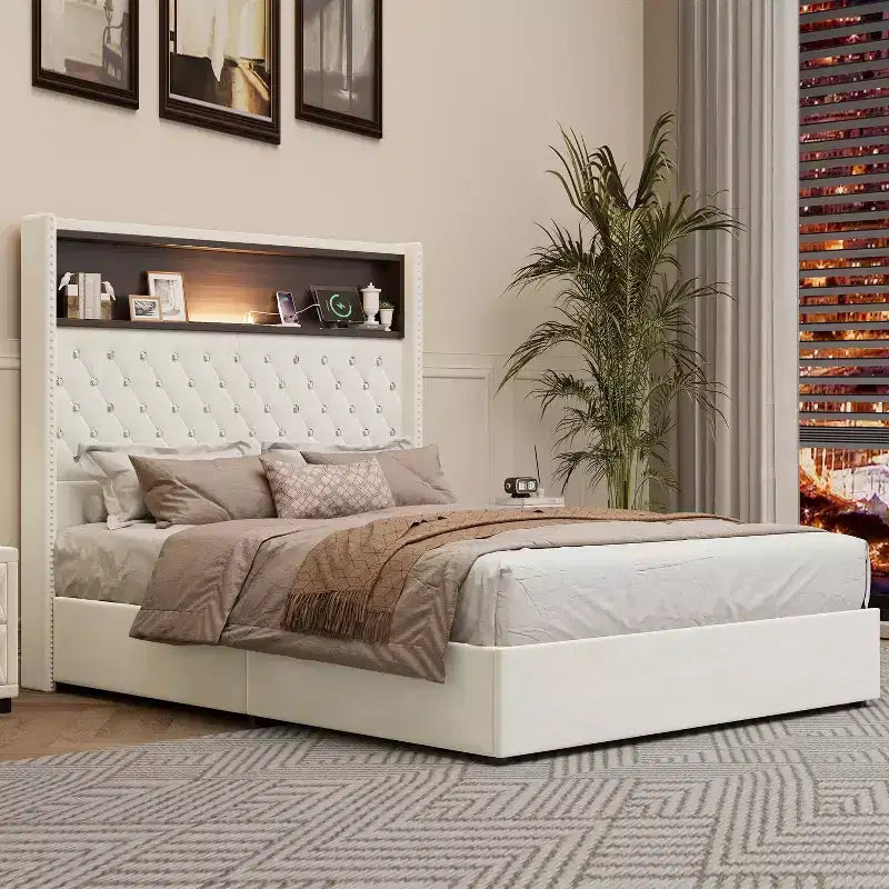 Full/Queen Size Velvet Tufted Platform Bed Frame with USB Port and Night Light, Wing-back Platform Bed with Rivet Decoration Headboard and Shelf